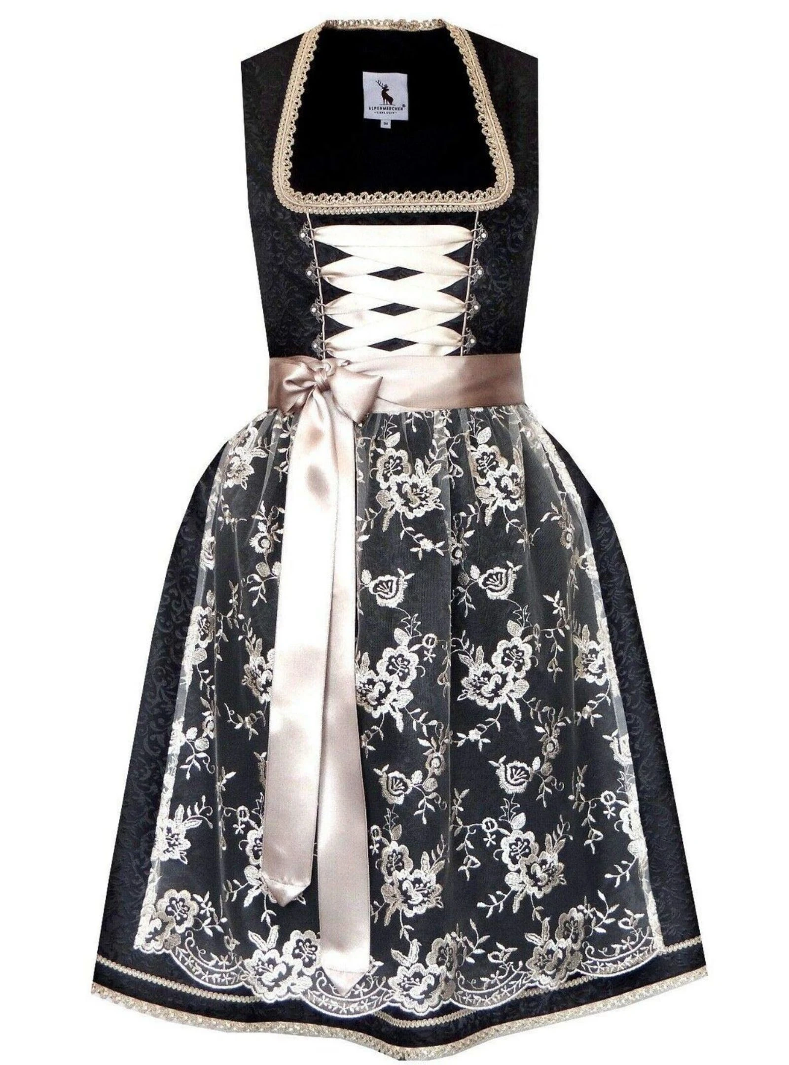  Alpenmärchen Dirndl midi con delantal de encaje – Talla 48
